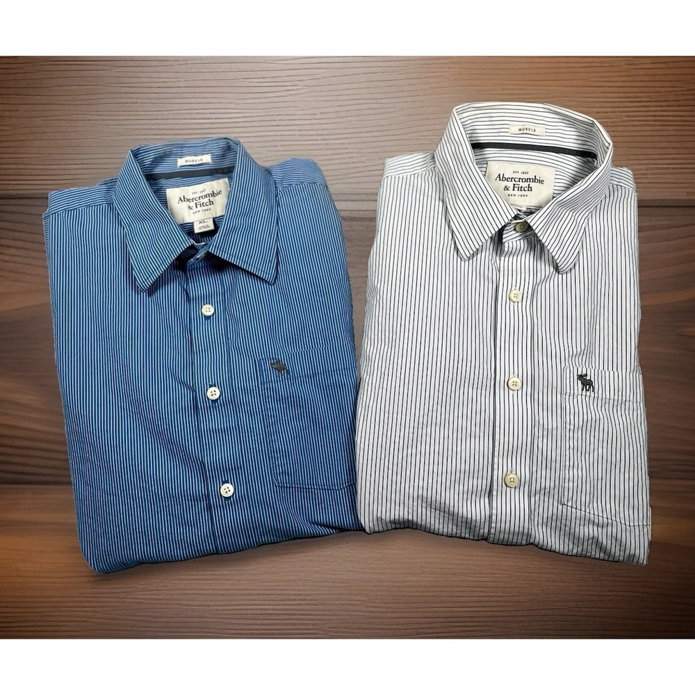 *Two-Abercrombie & Fitch Men's Muscle Striped LS Button Down Shirt XL Moose Logo